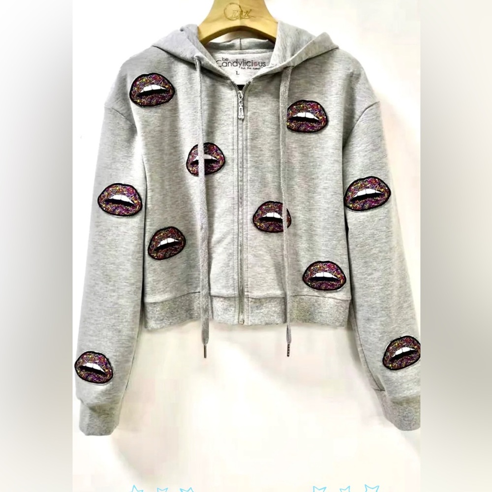 Soul Candy Gray Sequin Candy Lip Graphic Hoodie Sparkle Size Small